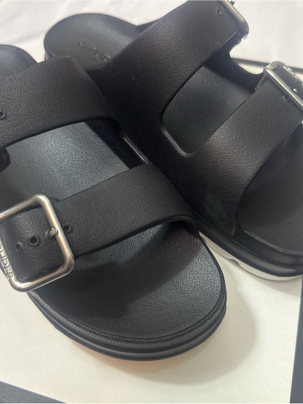 J/Slides Womens Simply Double Buckle Platform Slide Sandals Leather 8-sole Marks